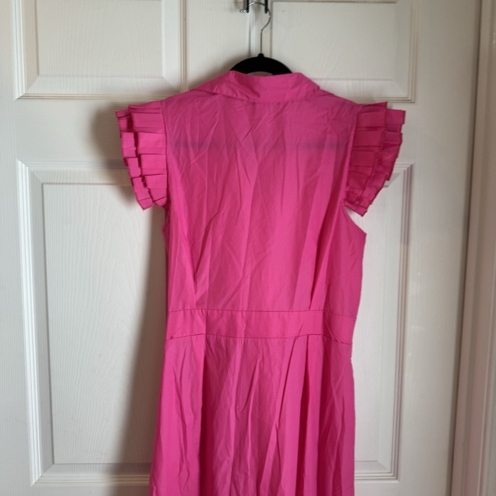 Pink Solid Deep V Neck Ruffle Cap Sleeves Classic Collar Midi Dress Sz M Fairy - Picture 5 of 13